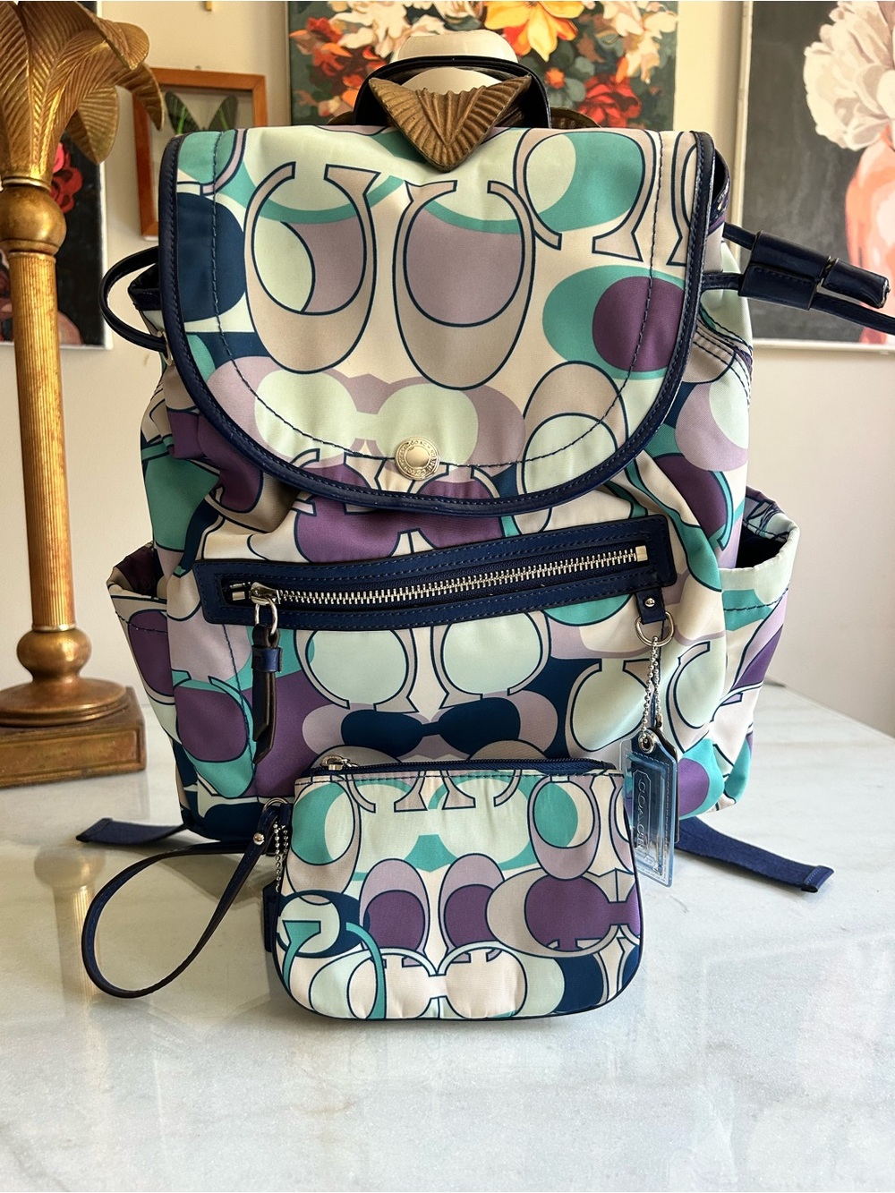 Coach Kyra Scarf Print Nylon Backpack + Matching Wristlet F19279